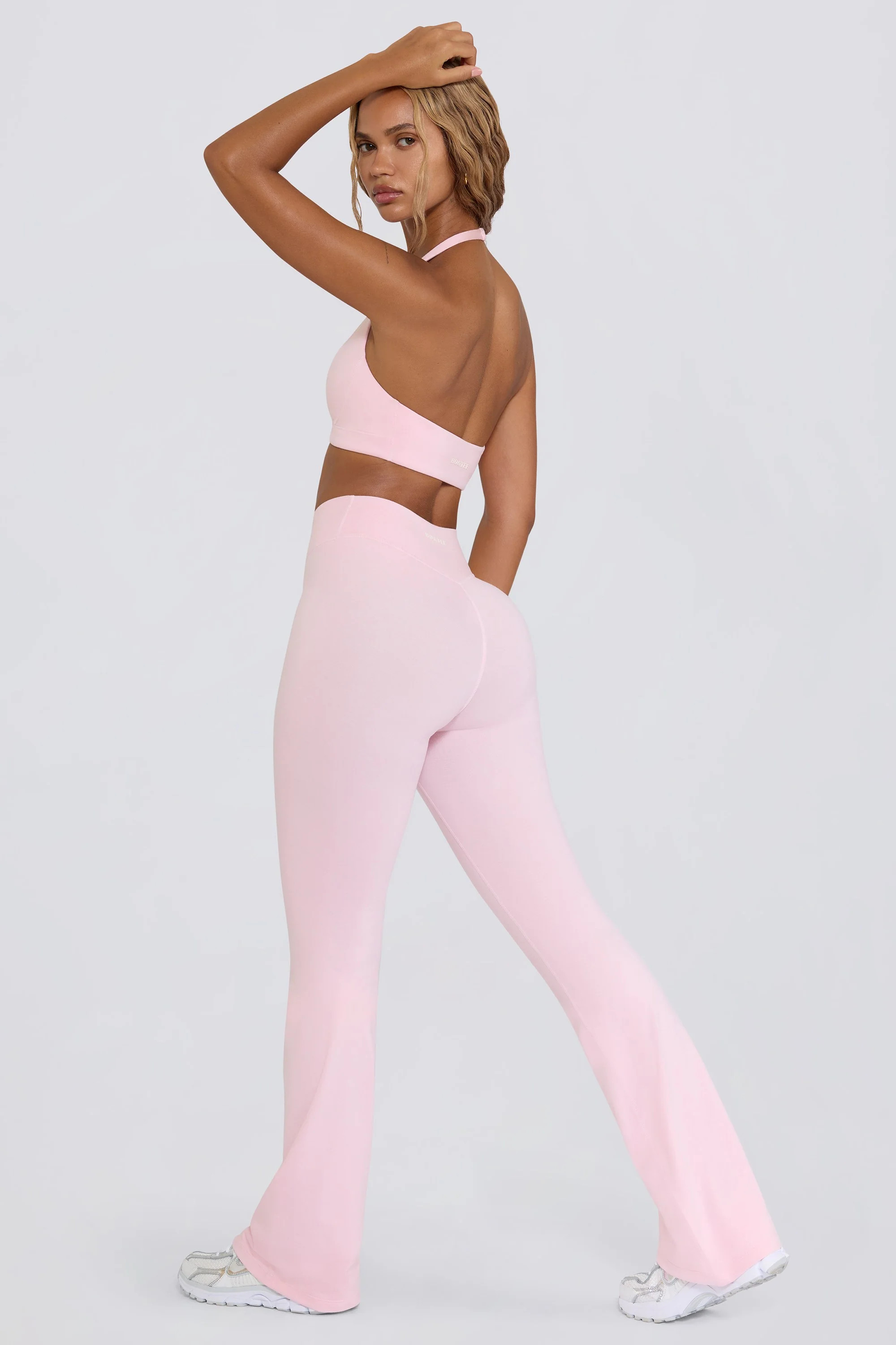 Ruched Flared Trousers in Pink Marl | Oh Polly