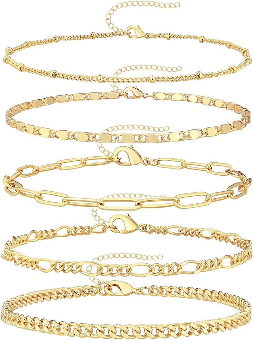 Reoxvo Dainty Gold Chain Bracelets Set for Women 14K Real Gold Plated Link Chain Bracelets for Women | Amazon (US)