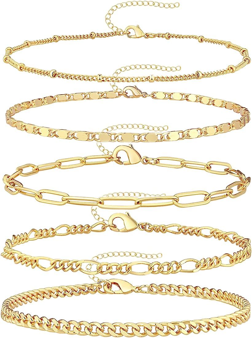 Reoxvo Dainty Gold Chain Bracelets Set for Women 14K Real Gold Plated Link Chain Bracelets for Wo... | Amazon (US)