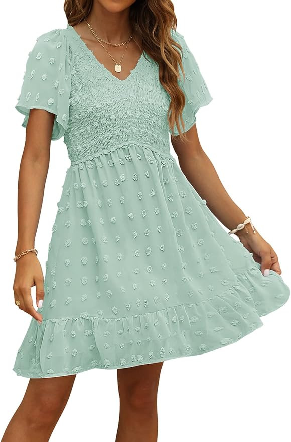 TECREW Womens Smocked Short Sleeve V Neck Mini Dress Summer Swiss Dot Flowy Short Dress | Amazon (US)