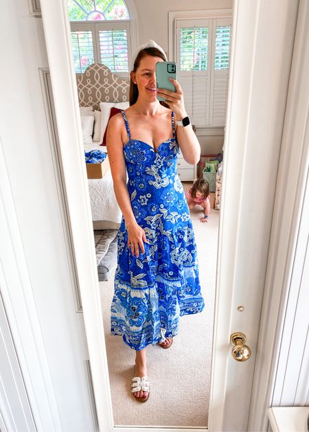 Summer wedding guest dress option by Farm Rio! Currently on sale for 50% off! 

Summer dress. Wedding guest. Midi dress. Floral dress. Sundress. Blue dress. 

#LTKsalealert #LTKwedding #LTKFind