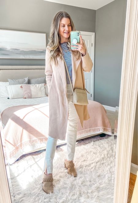 Spring layered outfit: striped tee and white jeans, with taupe coatigan (cardigan coat).

#LTKstyletip #LTKover40 #LTKfindsunder50