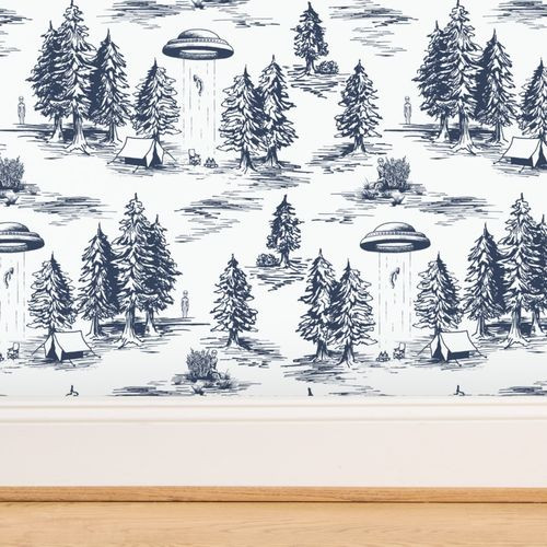 Large-Scale Alien Abduction Toile De Jouy Pattern in Blue | Spoonflower