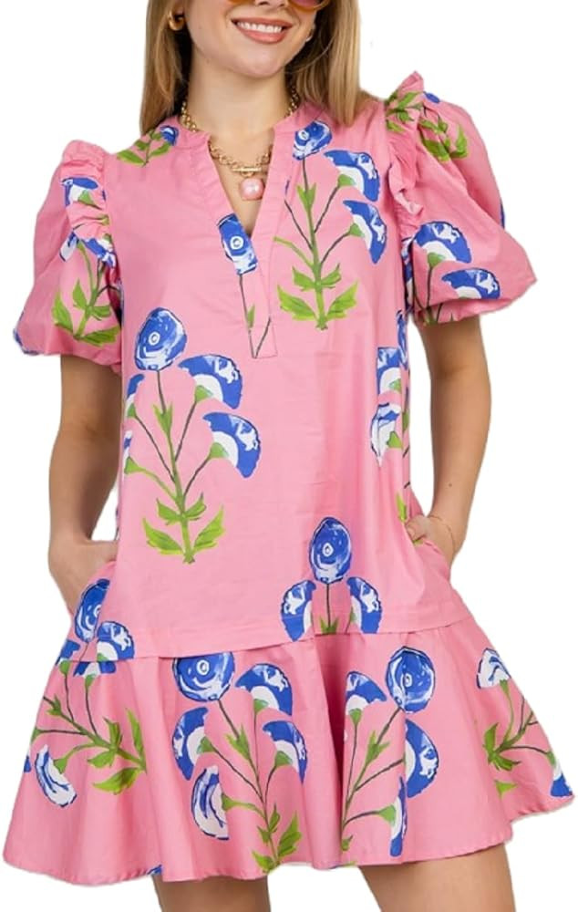 Lordree Women Boho Ruffle Sleeve Mini Dress Summer Trendy Floral Print Short Sleeve V Neck Cute B... | Amazon (US)