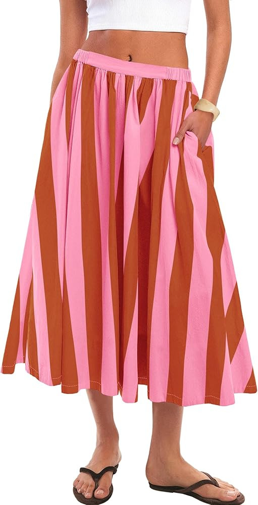 Panadila Womens Striped Midi Skirt Summer Beach Long Flowy Skirts Elastic High Waisted A Line Ski... | Amazon (US)