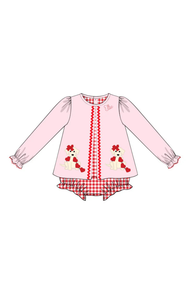 Pre-Order Applique Sweetheart Puppy Skirted Bubble | The Smocked Flamingo