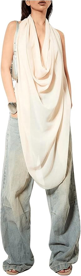 OYOANGLE Women's Backless Cowl Neck Sleeveless Tank Top Draped Front Chiffon Trendy Tops | Amazon (US)