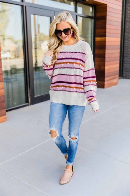 Want You To Smile Cream Striped Sweater | The Pink Lily Boutique