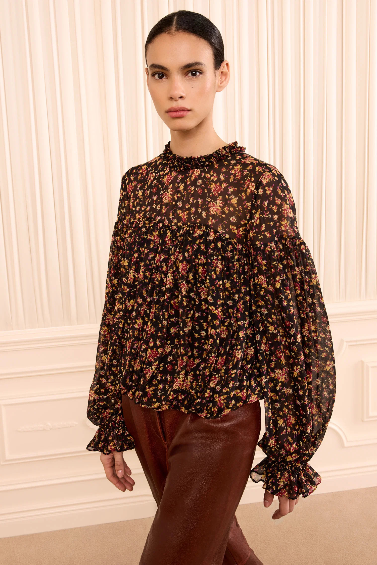 Pearl Long Sleeve Silk Blouse - Noir Mille Fleur | Ulla Johnson