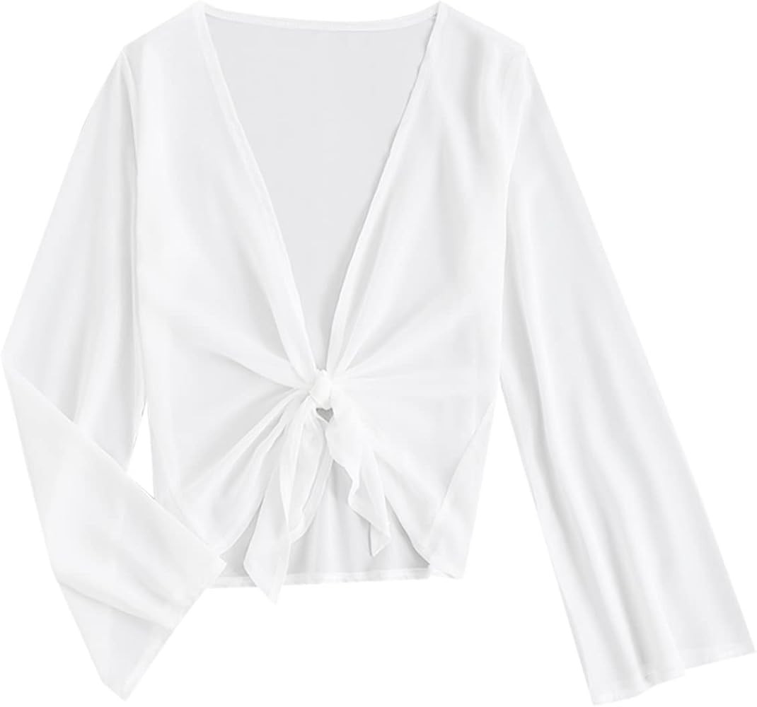 ZAFUL Womens Tie Hem Crop Top Cover Up Semi Sheer Shrug Blouse | Amazon (US)