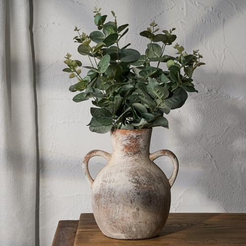 SIDUCAL Rustic Ceramic Farmhouse Flower Vase with 2 Handles, Whitewashed Terra Cotta Vase, Decorative Pottery Flower Vase for Home Decor, Table, Living Room, Shelf Decor, 7.3 Inch, Terra | Amazon (US)