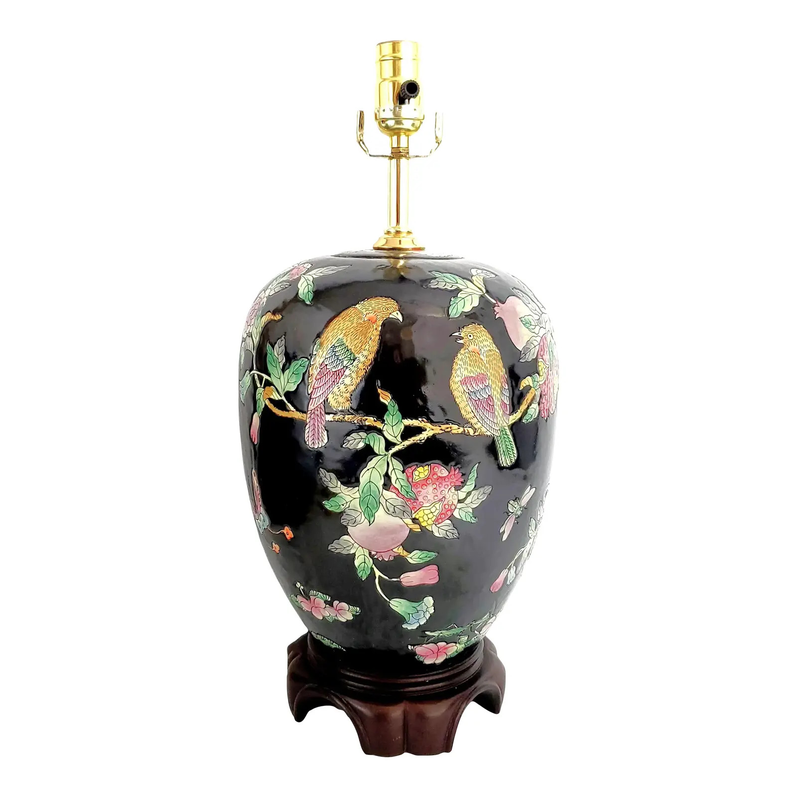 Restored Chinese Porcelain Ceramic Table Lamp Hand Painted With a Pair of Parrots Flowers and Pom... | Chairish