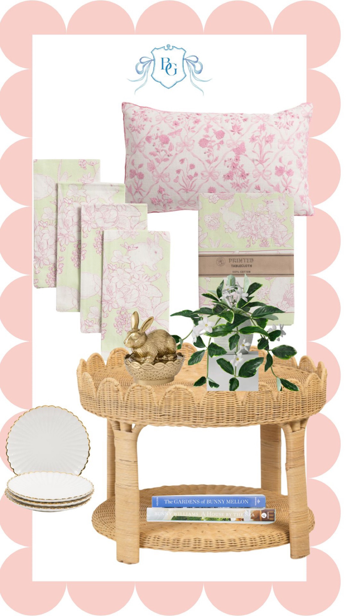Easter decor 
Easter napkins 
Pink and white 
Scallop table 
Scallop plates 
Bunny decor 

#LTKFindsUnder50 #LTKHome #LTKSeasonal