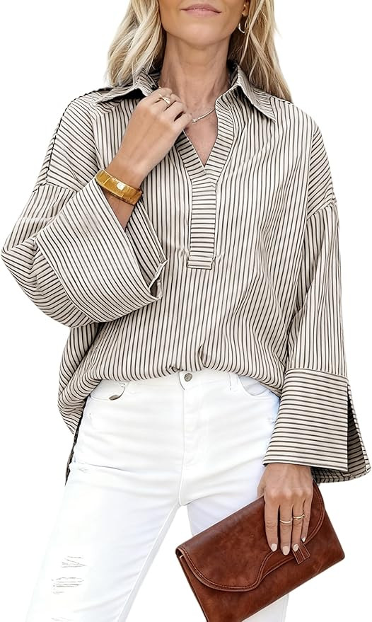 Watashi Women Button Down Shirt Casual Striped Print Dressy Henley Shirts Loose Long Sleeve Colla... | Amazon (US)