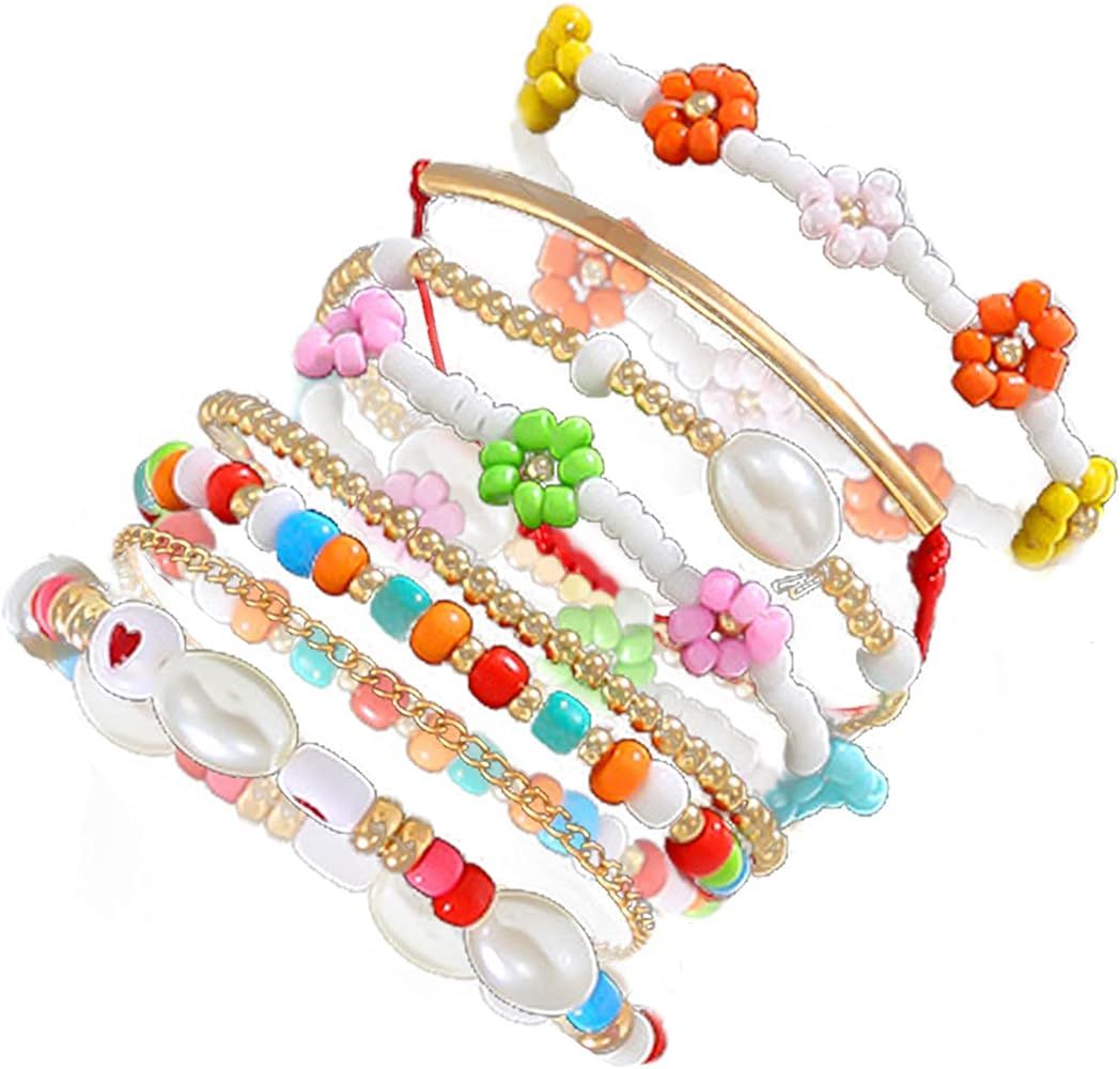 COLORFUL BLING Boho Flower Beaded Bracelets Set, Stacking Style Stretchy Bracelets Anklets, Retro... | Amazon (US)