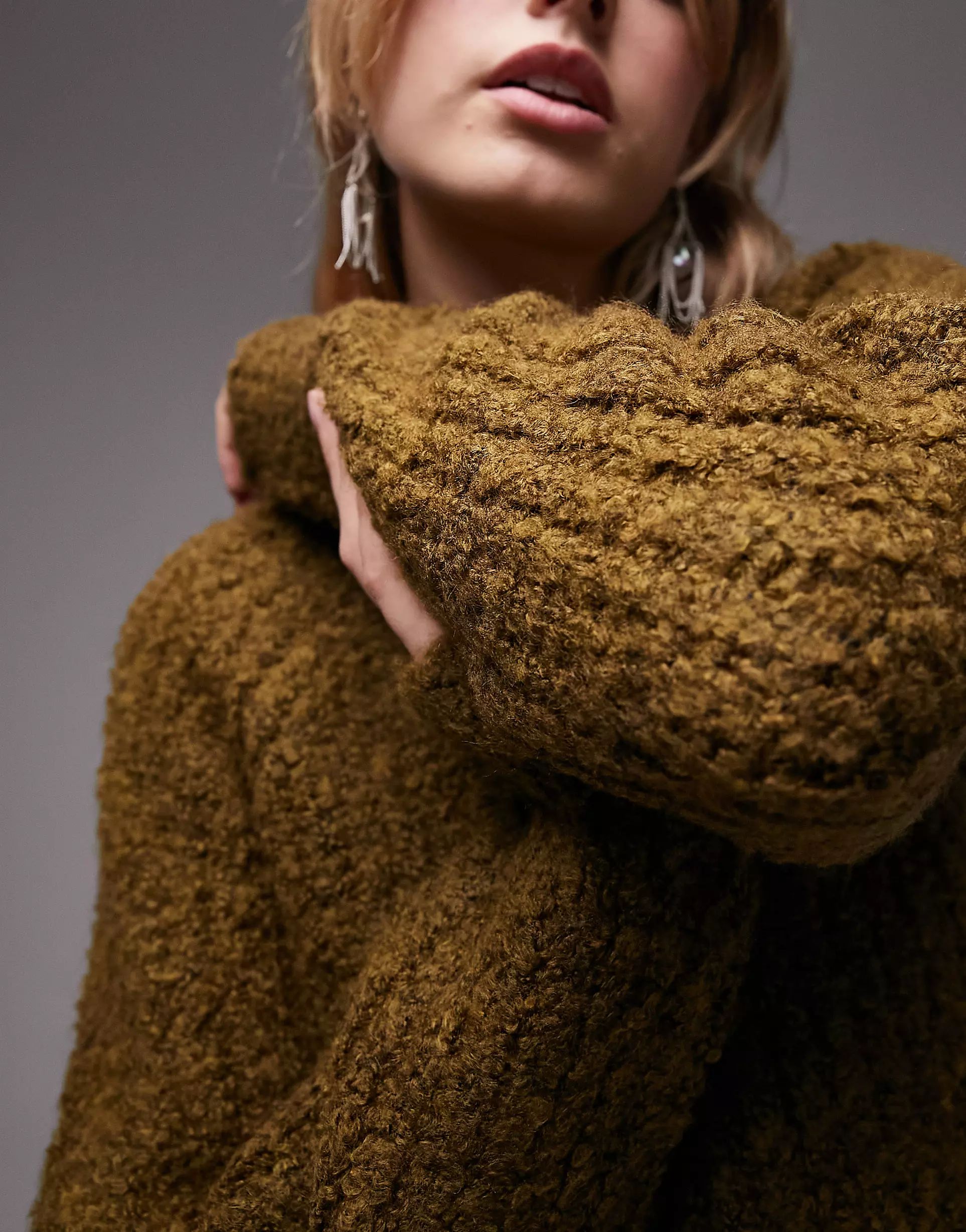 Topshop knitted boucle sweater in khaki | ASOS (Global)