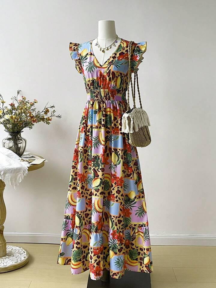 Rusttydustty Tropical Fruit Leopard Print Maxi Dress Colorful Patchwork Beach Vacation Dress Long Floral Dress | SHEIN