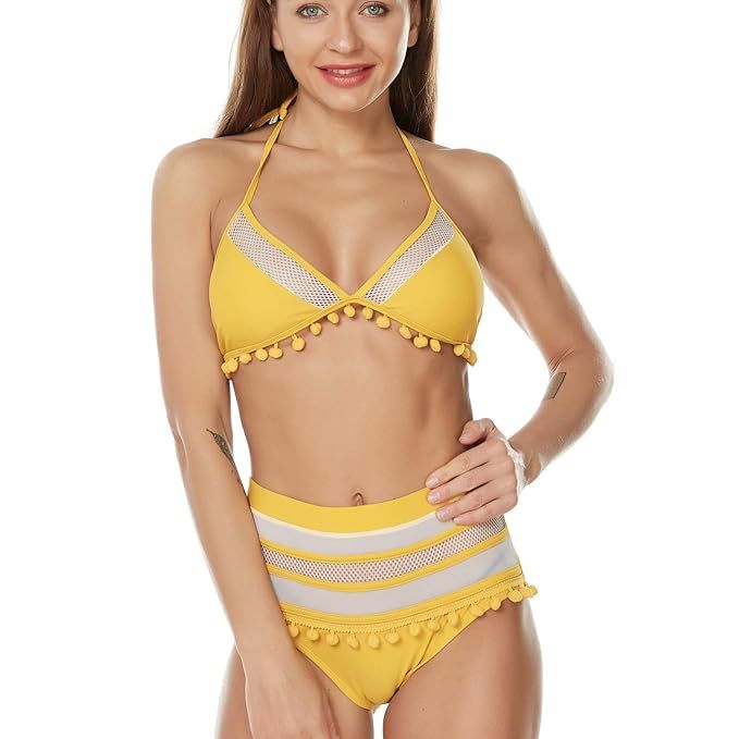 ROVLET Women's High Waist Two Pieces Bikini Set Padded Stripe Tassel Trim Top Mesh Swimsuit Swimw... | Amazon (US)
