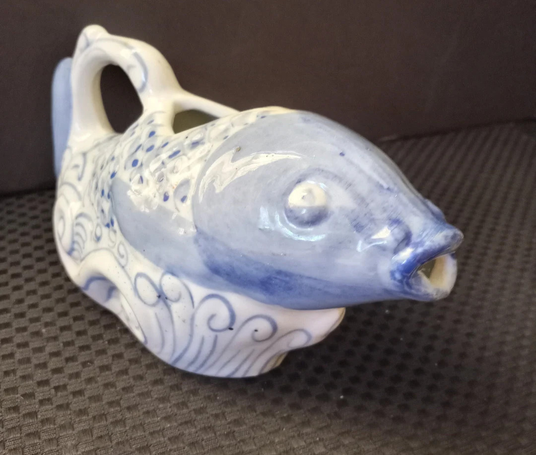 Vtg Blue and White Handpainted Chinoserie Style Porcelain Koi Fish, Carp, on Waves, Teapot, Pitch... | Etsy (US)