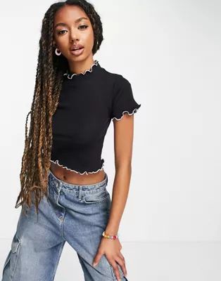 ASOS DESIGN contrast stitch T-shirt with lettuce edge in black and white | ASOS | ASOS (Global)