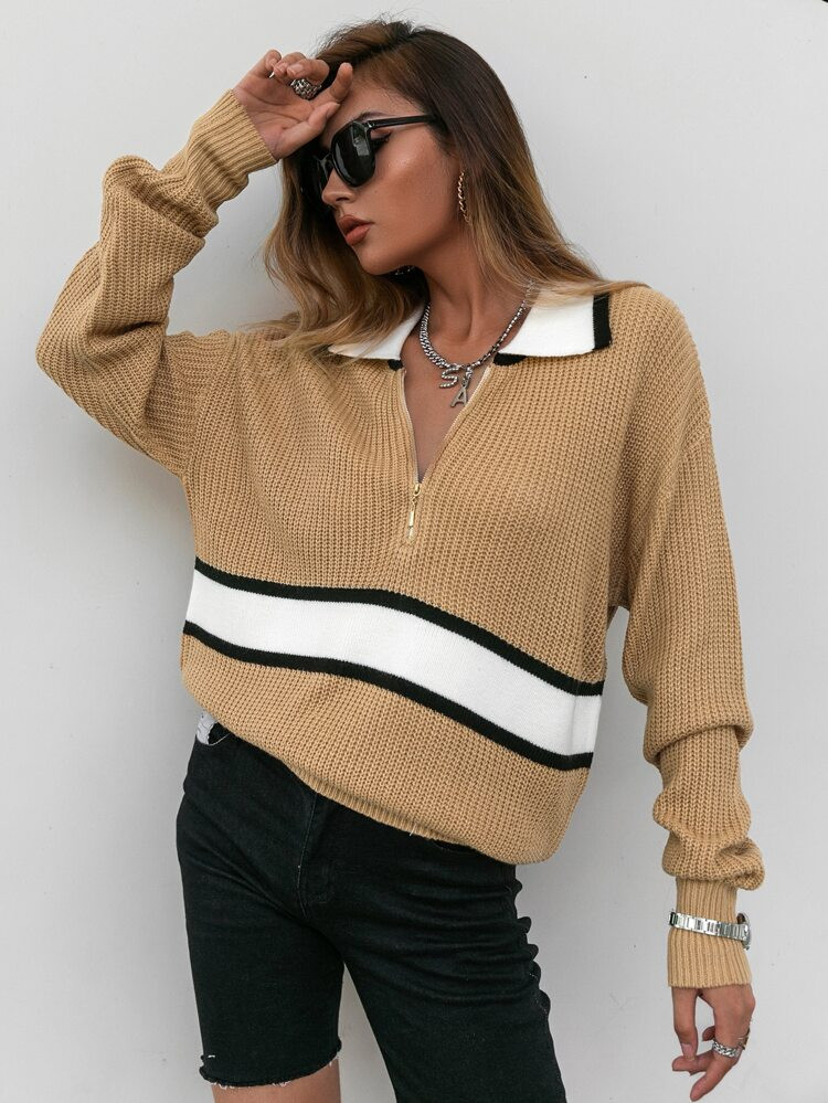 Sollinarry Colorblock Zipper Fly Sweater | SHEIN