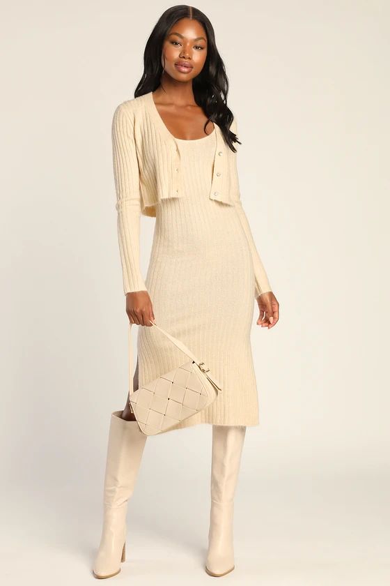 Iconic Duo Cream Ribbed Knit Two-Piece Midi Sweater Dress | Lulus (US)