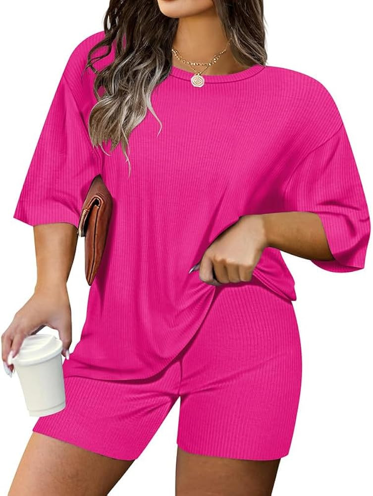 RITERA Plus Size 2 Piece Outfits Short Sleeve Summer Ribbed Knit Lounge Sets Drawstring Shorts | Amazon (US)