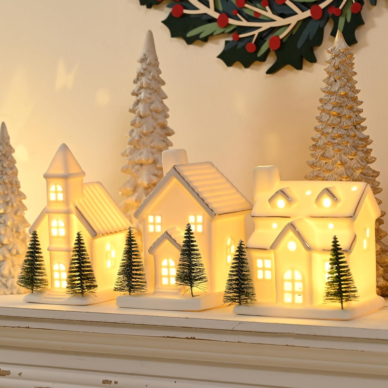 Ceramic White Christmas Village Houses, 3Pcs Light Up Small Porcelain Village House with 6Pcs Chr... | Amazon (US)