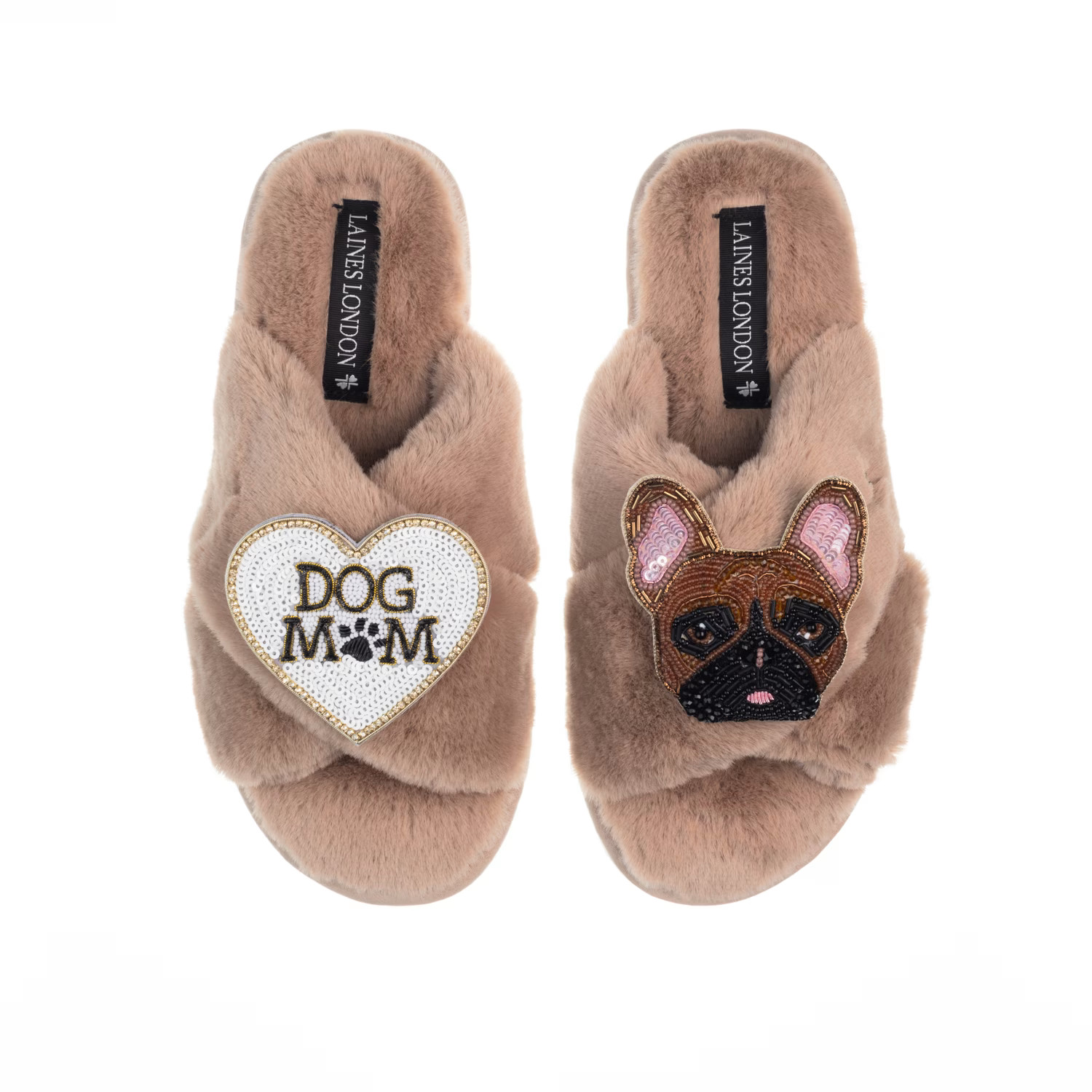 Classic Laines Slippers With Cookie The Frenchie & Dog Mum / Mom Brooches - Toffee | Wolf & Badger