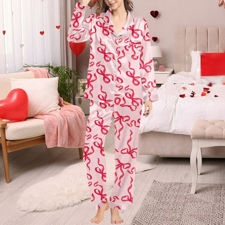 Womens Pajamas Set 2 Piece Silk Satin Bow Print Classic Lapel Long Sleeves And Pocketed Trousers ... | Walmart (US)