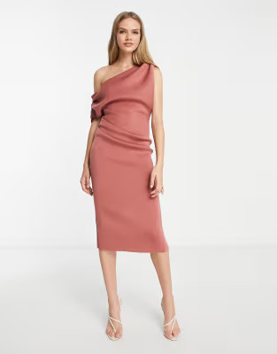 ASOS DESIGN fallen shoulder pleat back midi scuba dress in rose | ASOS (Global)