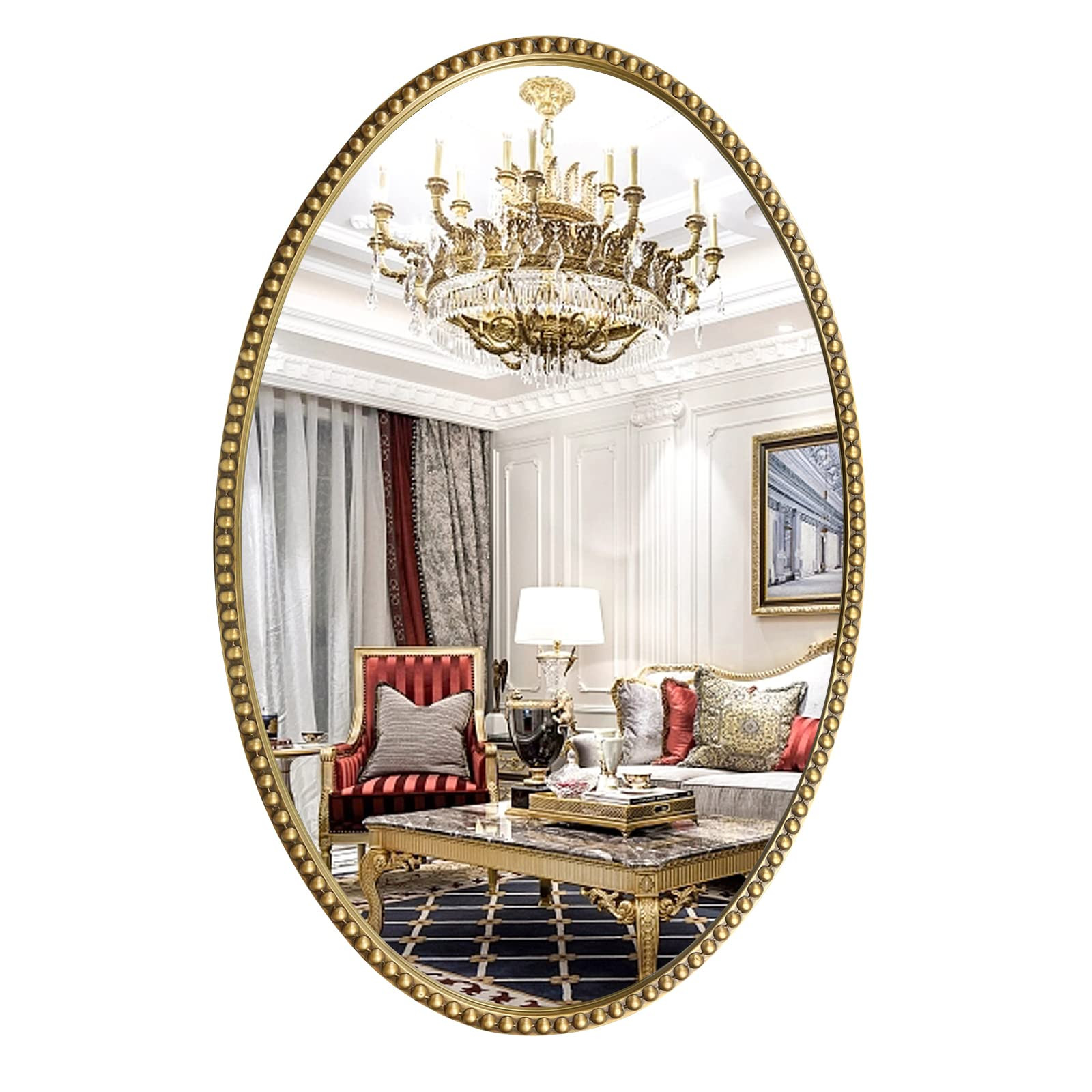 Oval Wall Mirror for Bathroom, 26"x39" Antique Gold Metal Beaded Frame Decorative Accent Mirror, ... | Amazon (US)