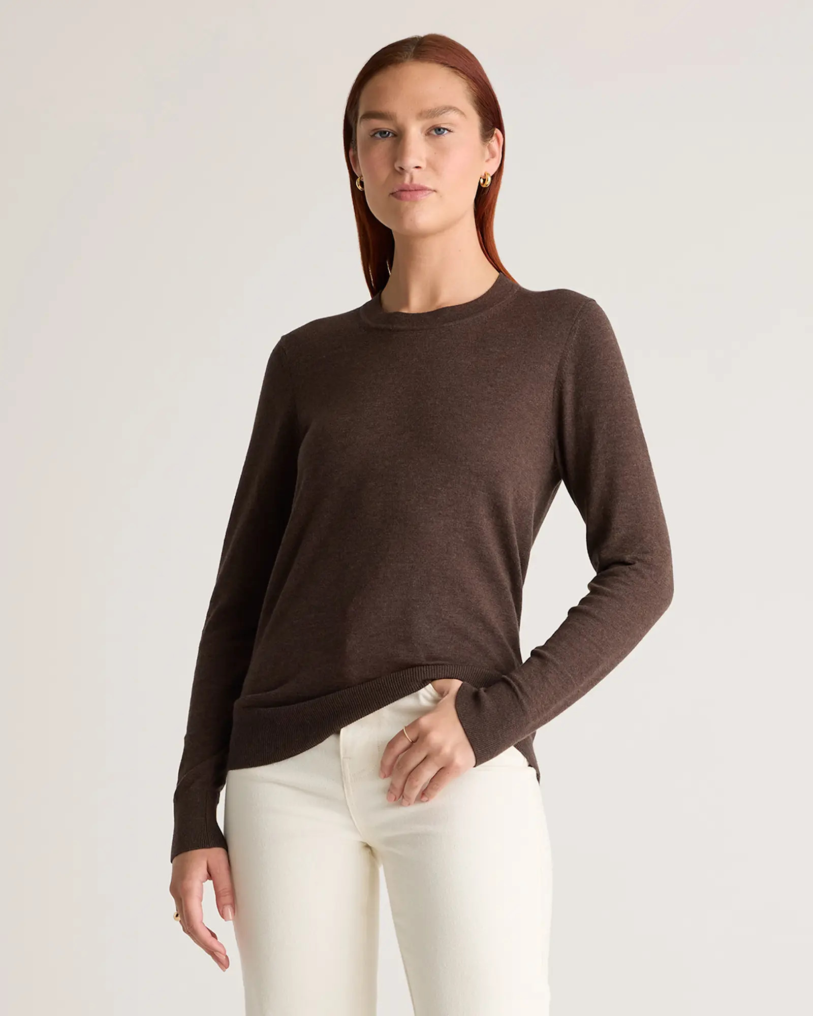 Lightweight Cotton Cashmere Crew Sweater  in Mocha Heather | Quince