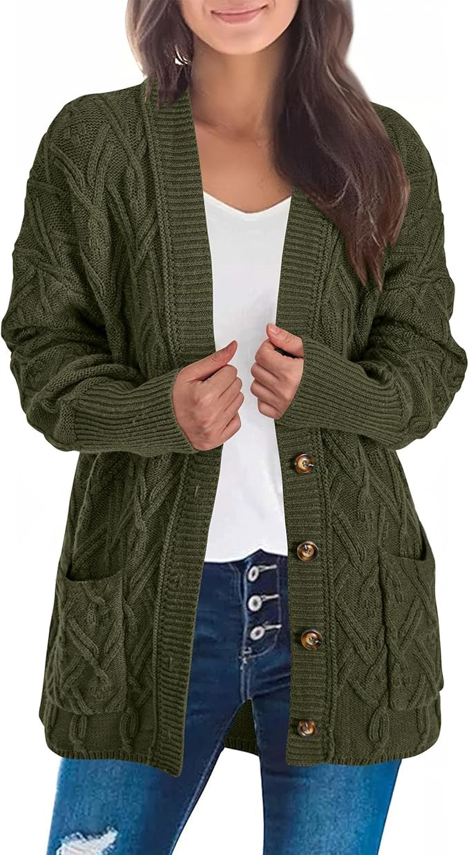 KIRUNDO Women 2024 Fall Winter Oversized Button Down Cable Knit Cardigan Casual Long Sleeve Open ... | Amazon (US)