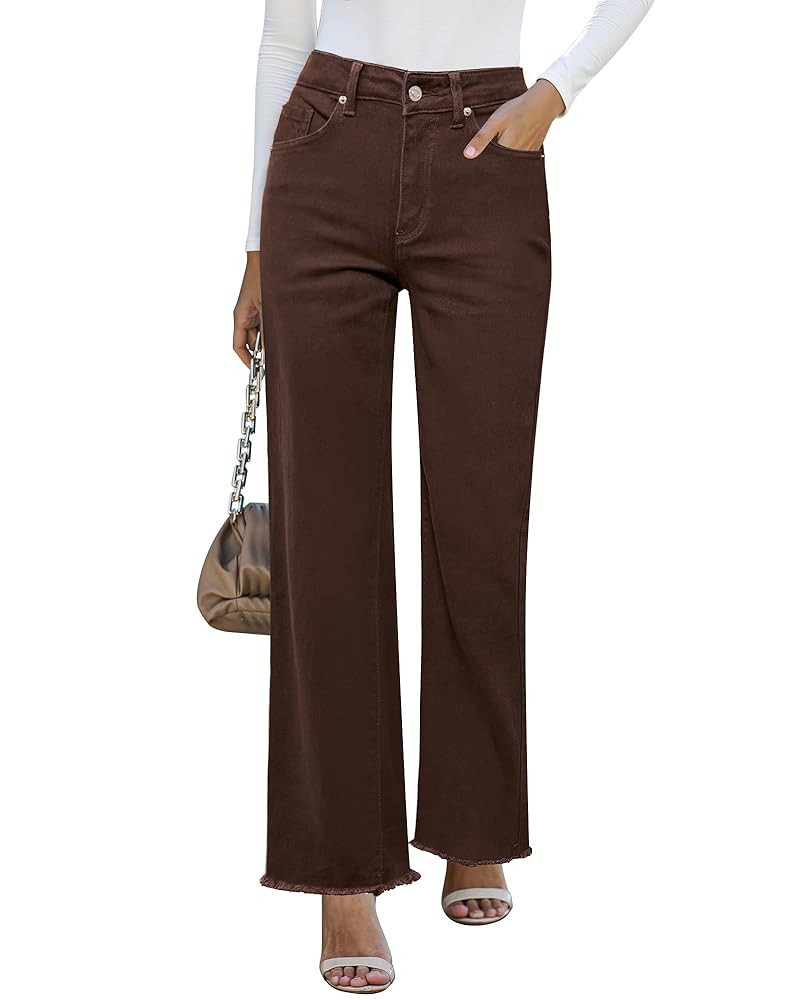 GRAPENT Straight Leg Jeans for Women High Waisted Stretchy Frayed Raw Hem Loose Denim Pants Casua... | Amazon (US)