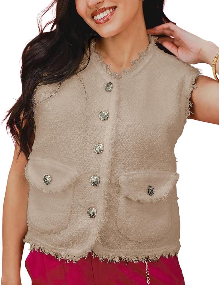 Women's Vest Lightweight Sleeveless V-neck Tweed Solid Blazers Textured Frayed Hem Button Front J... | Amazon (US)