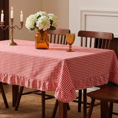 Mindsoft Plaid Ruffled Table Cloth Cotton Linen Fabric Checkered Gingham Tablecloth Farmhouse Vintage Buffalo Plaid Decorative Table Cover for Dining Room Party(60 x 120 Inches,Red) | Amazon (US)