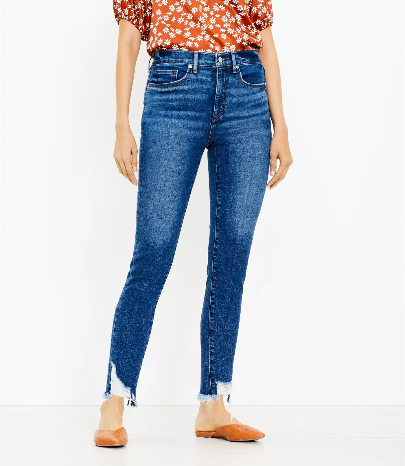 Petite Curvy Chewed Hem High Rise Skinny Jeans in Original Mid Indigo Wash | LOFT | LOFT
