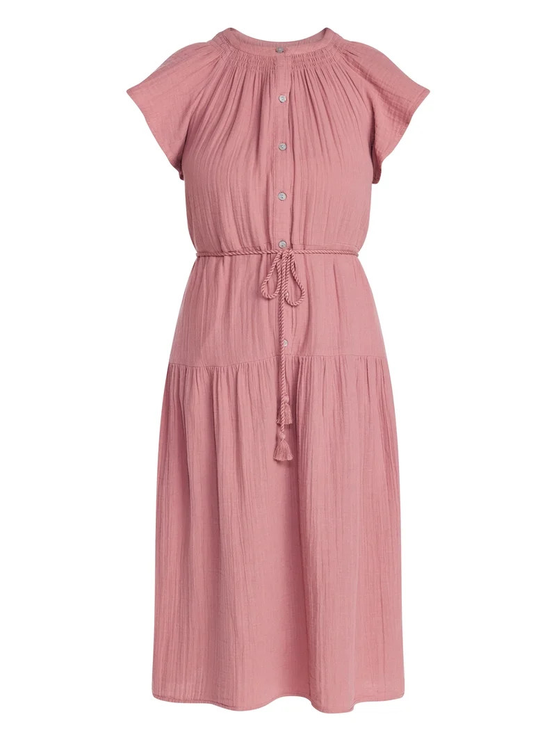 Time and Tru Women's Cotton Double Cloth Midi Dress with Short Flutter Sleeves, Sizes XS-XXXL | Walmart (US)