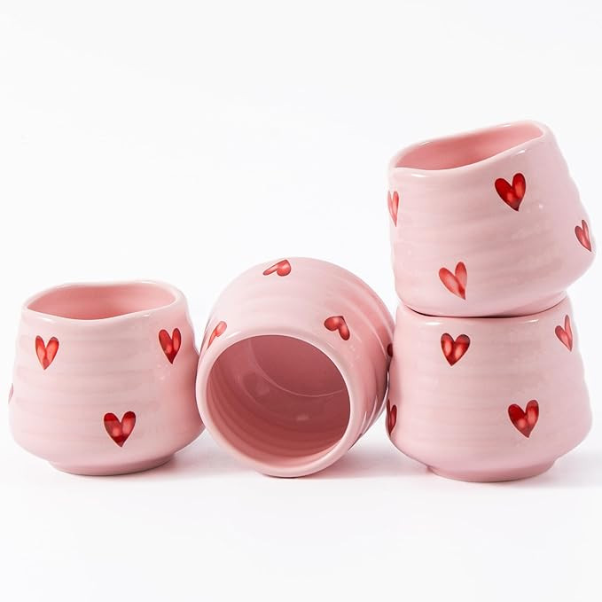 4pcs Ceramic Tea Cup Set – 160ml 5.4OZ Porcelain Pink Matcha Cup, Valentine Handless Cute Heart... | Amazon (US)