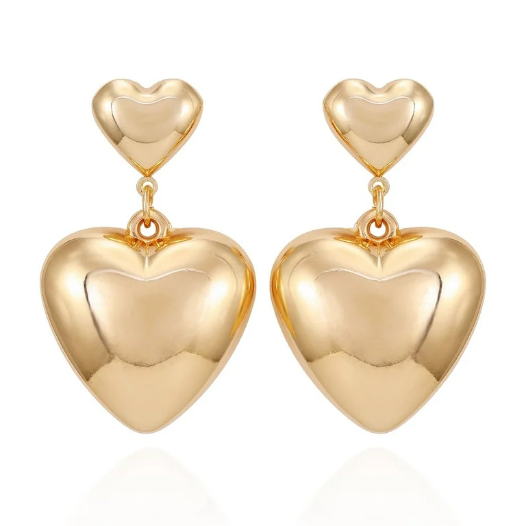 No Boundaries Gold Tone Trendy Puffed Heart Drop Post Earrings, Women's | Walmart (US)