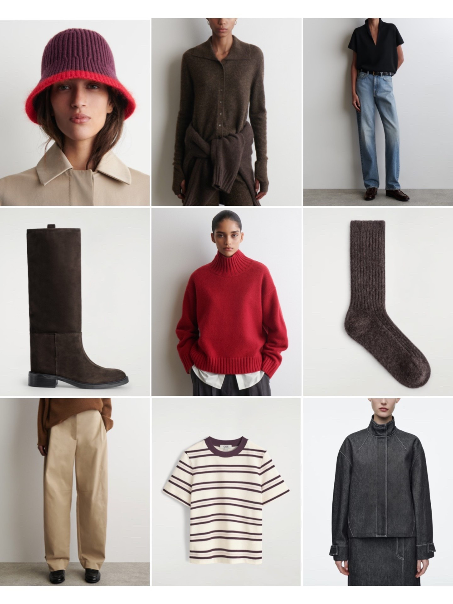 COS TOP NINE | COS favourites, winter fashion, fashion edit, autumn fashion, brown suede boots, red knit jumper, funnel neck jumper, stripe tshirt, blue jeans, barrel trousers, bomber jacket, bucket hat 



#LTKCyberWeek #LTKwinter #LTKuk