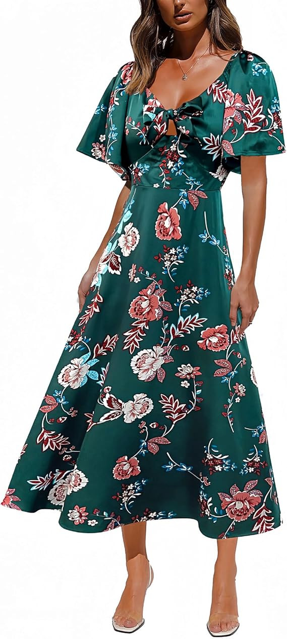 Fashionme Womens Dresses 2026 Maxi Dresses Deep V Neck Elegant Bow Tie Front Cap Sleeve Summer Fl... | Amazon (US)
