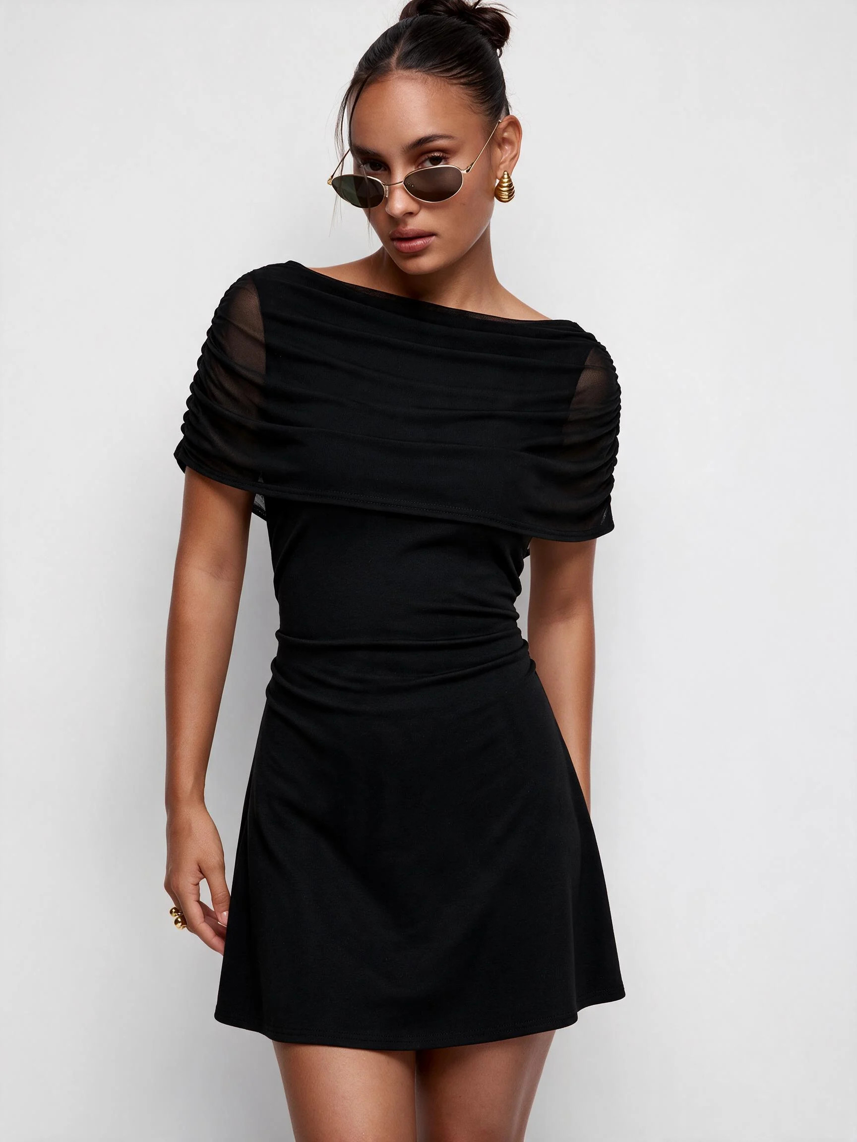 Knit Fabric Mesh Mesh Ruched Boat Neck Bolero Detail Bodycon Mini Dress For Date Party/Clubbing | Cider