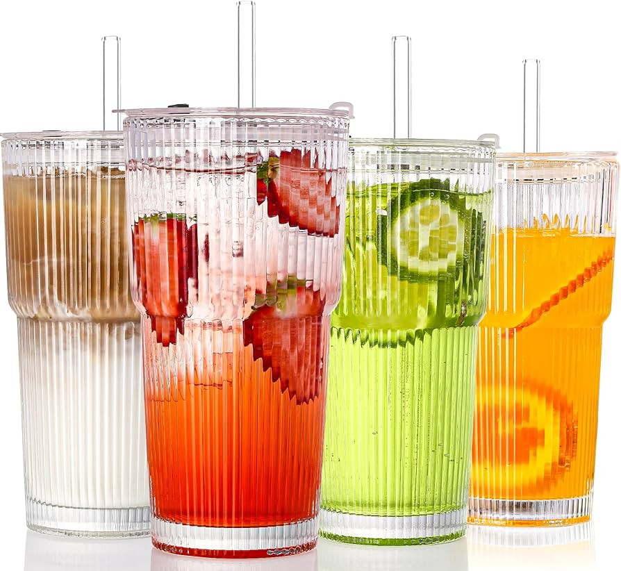 4PCS Ribbed Glass Cups with Lids and Straws, 20oz Vintage Drinking Glasses, Aesthetic Iced Coffee... | Amazon (US)