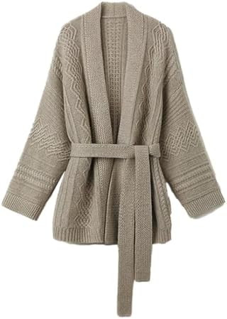 Mid-Length Wool Blend Open Cardigan Long Sleeve Cable Knitted Sweater for Women | Amazon (US)