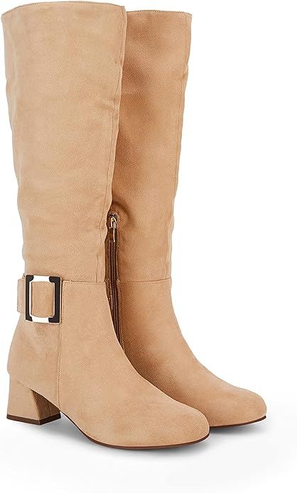 Womens Faux Suede Knee High Boots Metal Buckle Side Zipper Block Chunky Heel Winter Boots | Amazon (US)