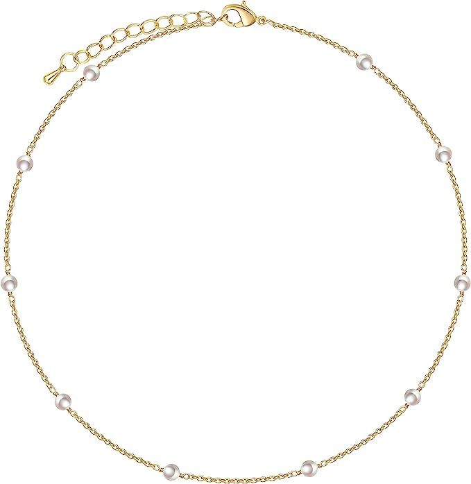 Cowlyn Pearl Choker Dainty Adjustable Necklace 18K Gold Plated Cultured Barque Pearl Tiny Chain D... | Amazon (US)