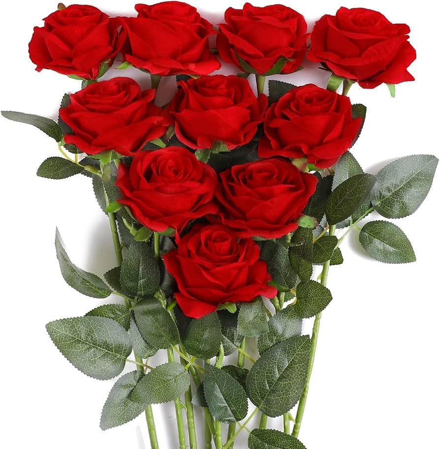 JUSTOYOU 10Pcs Artificial Roses Flowers, Realistic Blossom Roses, Real Touch Silk Rose, Single Fa... | Amazon (US)