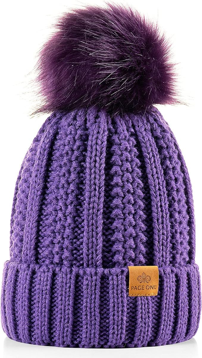 PAGE ONE Womens Winter Thick Cable Knit Beanie Faux Fur Pom Hat Fleece Lined Skull Cap | Amazon (US)